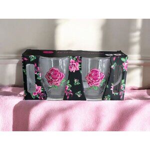 New Set of 2 Betsey Johnson Glass Pink Coffee Mugs Rose Floral Rhinestone